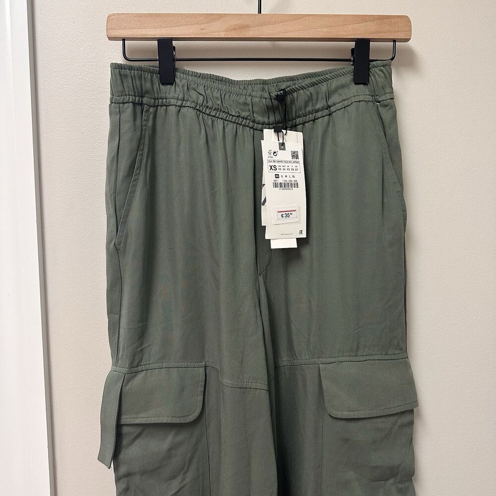 NWT Zara Womens Pull On Wide Leg Pants XS Olive Green Beachy Coastal Lightweight